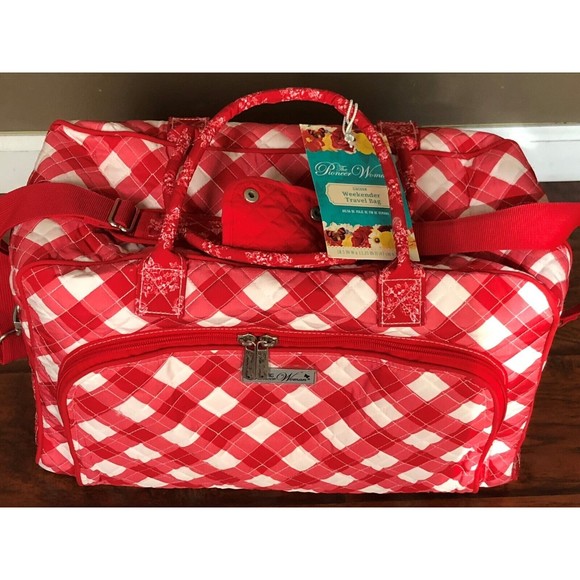Pioneer Woman Quilted Weekender Travel Bag Red Gingham Charming Check Plaid New - Picture 8 of 13